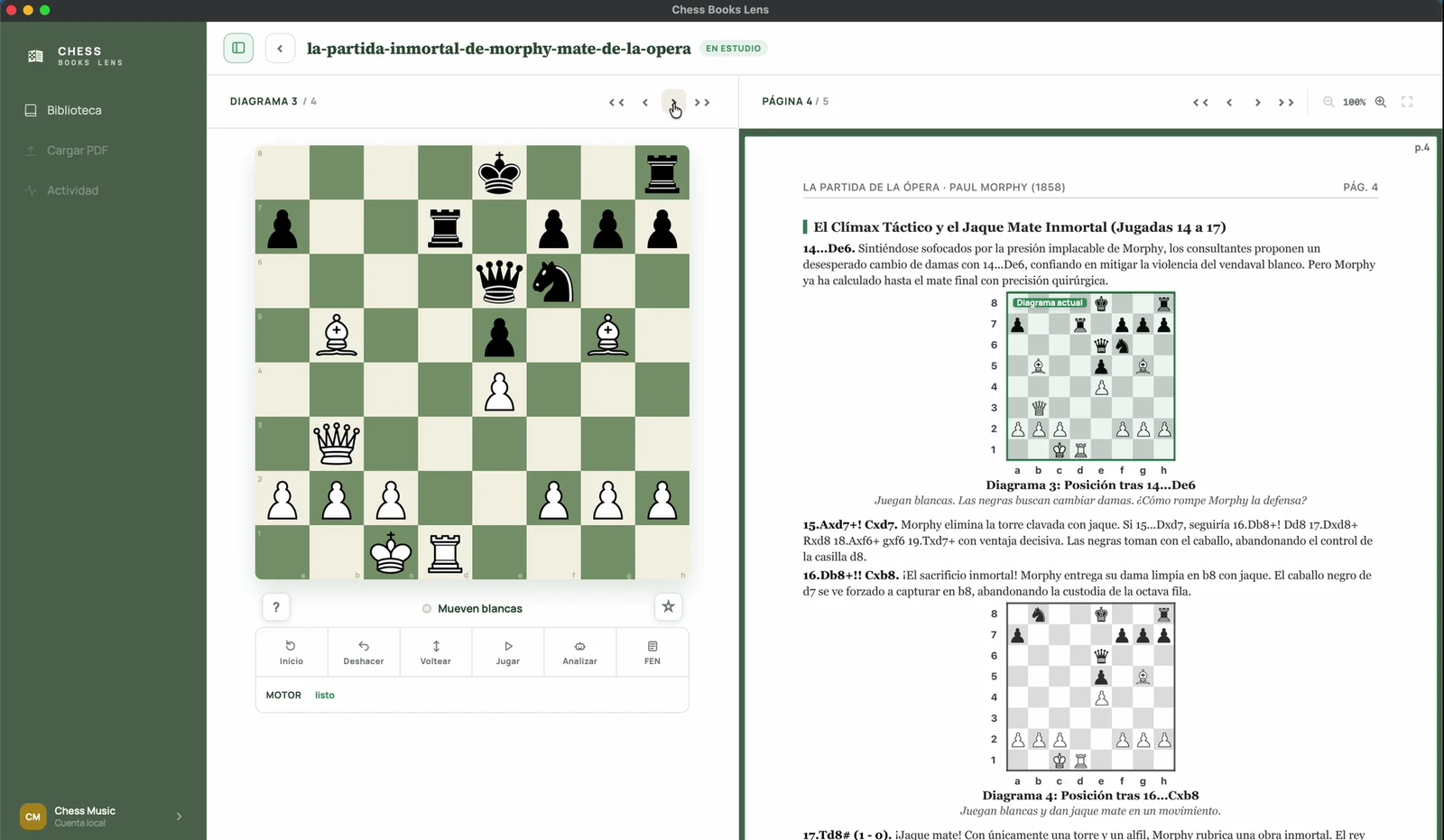 Chess Books Lens con el tablero y la página del libro de ejemplo sobre la partida de la Ópera de Morphy